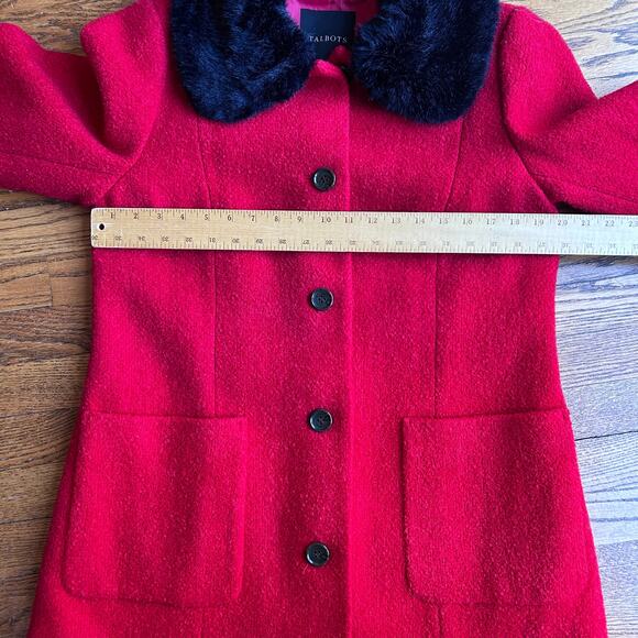 Talbots Red Bouclé Wool Dress Coat Black Faux Fur Collar Princess Large NWT $329 - Picture 7 of 13